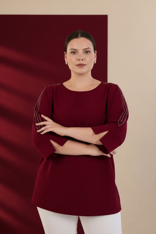 Büyük Beden 3330996 Omuzu Taş Detaylı Bluz  Bordo