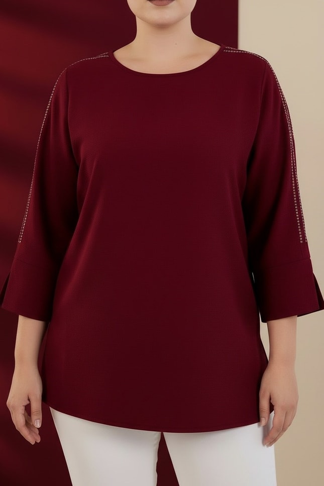 Büyük Beden 3330996 Omuzu Taş Detaylı Bluz  Bordo