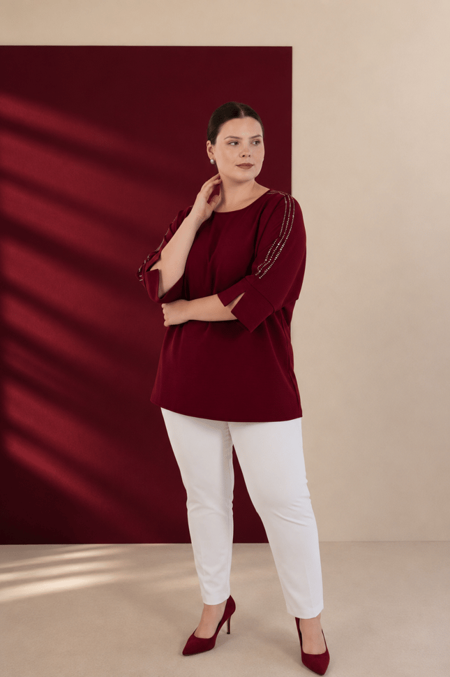 Büyük Beden 3330996 Omuzu Taş Detaylı Bluz  Bordo