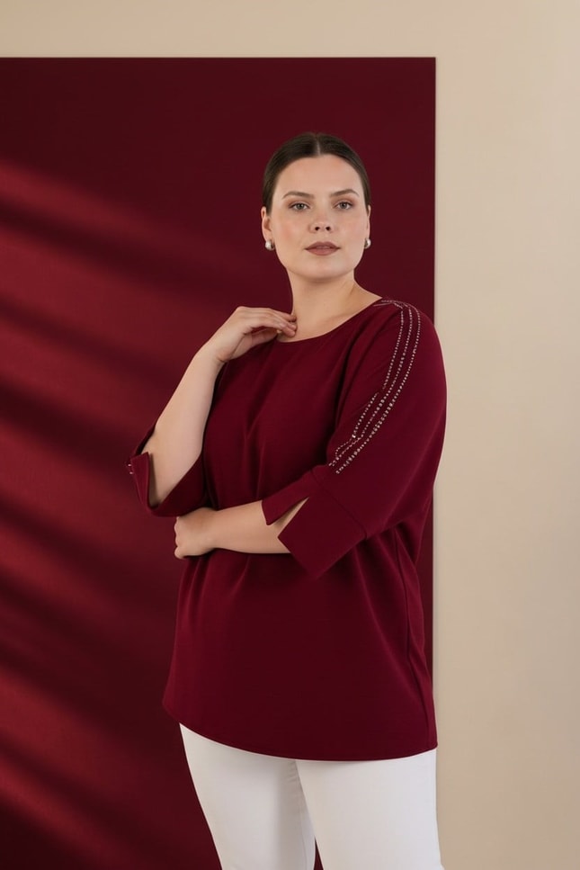 Büyük Beden 3330996 Omuzu Taş Detaylı Bluz  Bordo