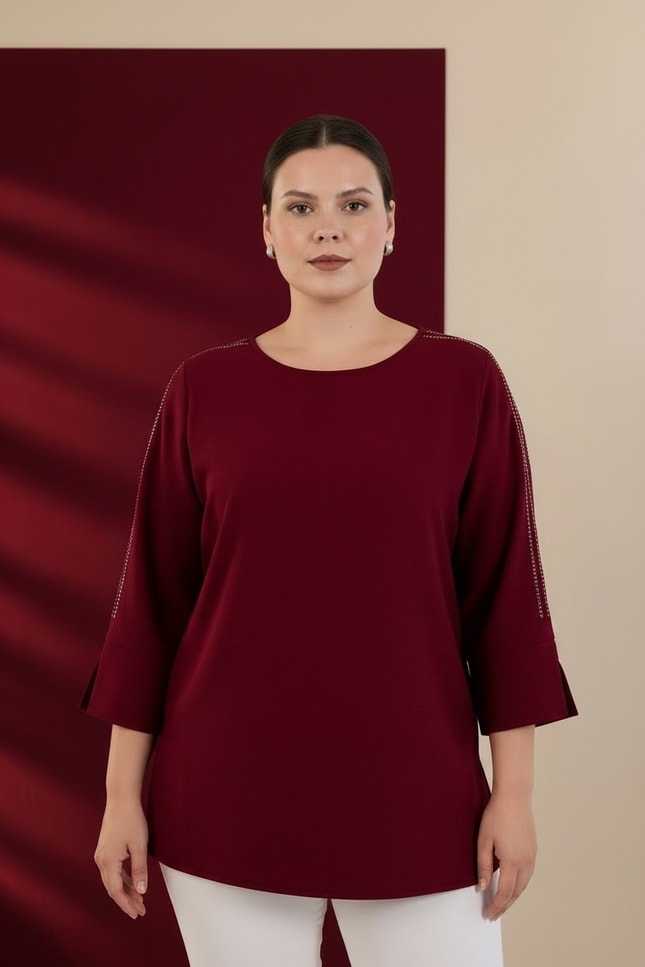 Büyük Beden 3330996 Omuzu Taş Detaylı Bluz  Bordo