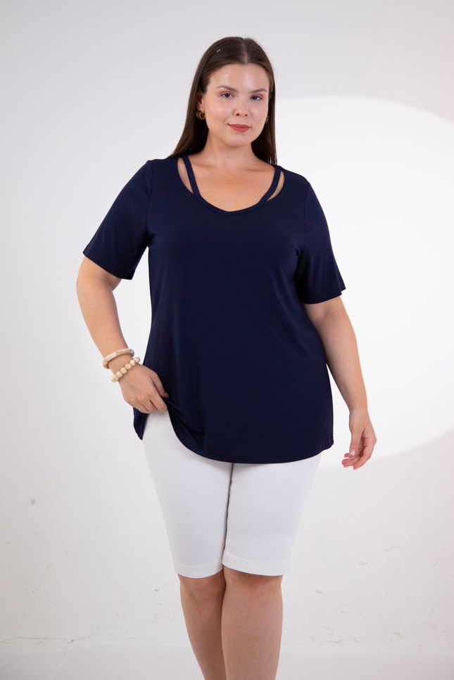 Büyük Beden 3331006 V Yaka Detaylı Bluz  Lacivert