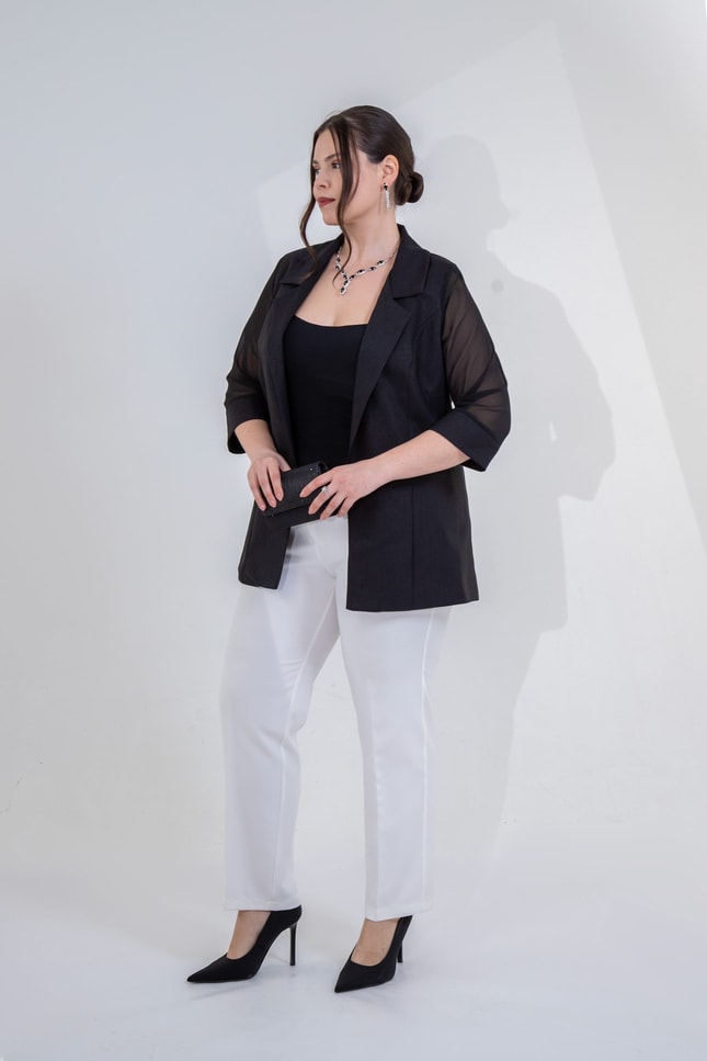 Büyük Beden 3331022 Şifon Kol Blazer Ceket  Siyah