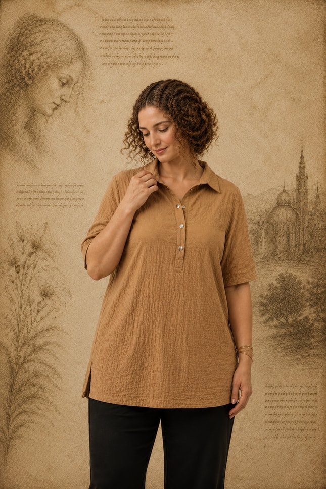 Büyük Beden 3331032 Yaka Çıt Çıtlı Bluz Camel