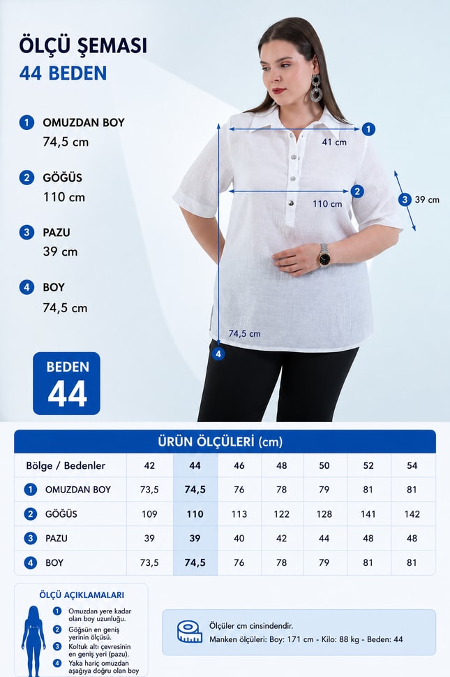 Büyük Beden 3331032 Yaka Çıt Çıtlı Bluz Beyaz