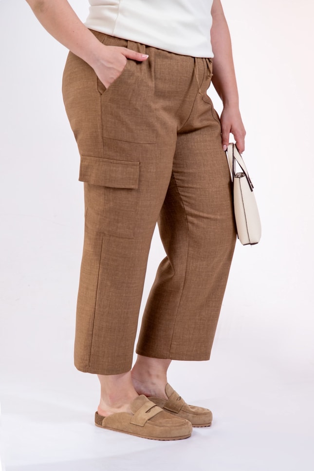 Büyük Beden 3331049 Yan Cepli Bağcıklı Pantolon Camel