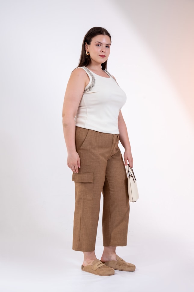 Büyük Beden 3331049 Yan Cepli Bağcıklı Pantolon Camel