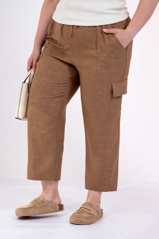 Büyük Beden 3331049 Yan Cepli Bağcıklı Pantolon Camel