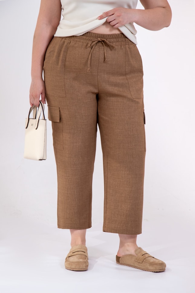 Büyük Beden 3331049 Yan Cepli Bağcıklı Pantolon Camel