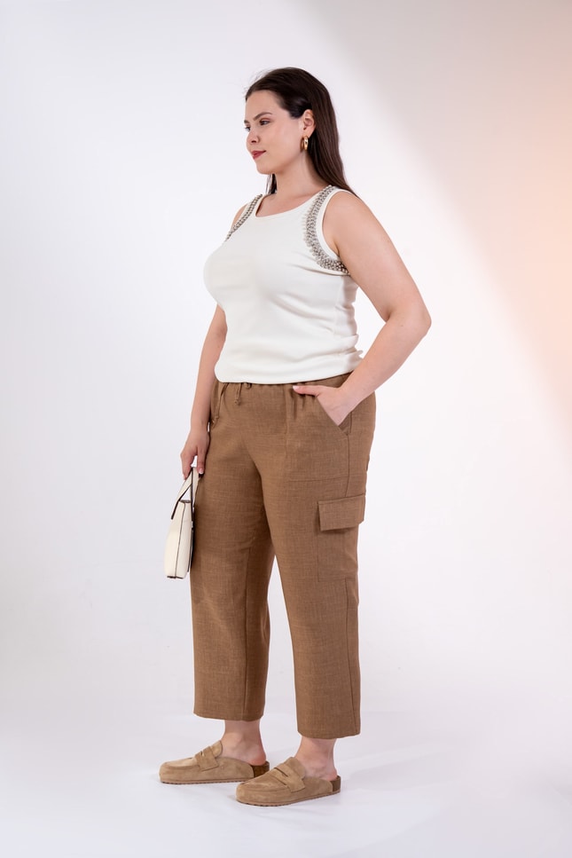Büyük Beden 3331049 Yan Cepli Bağcıklı Pantolon Camel