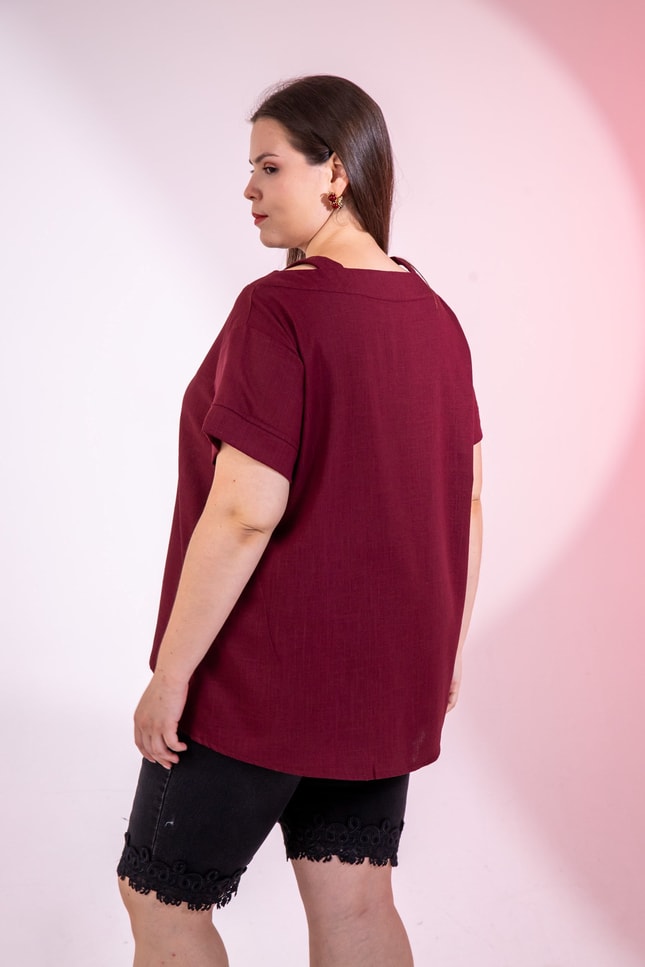 Büyük Beden 3331109 Yaka Askı Detaylı Bluz  Bordo