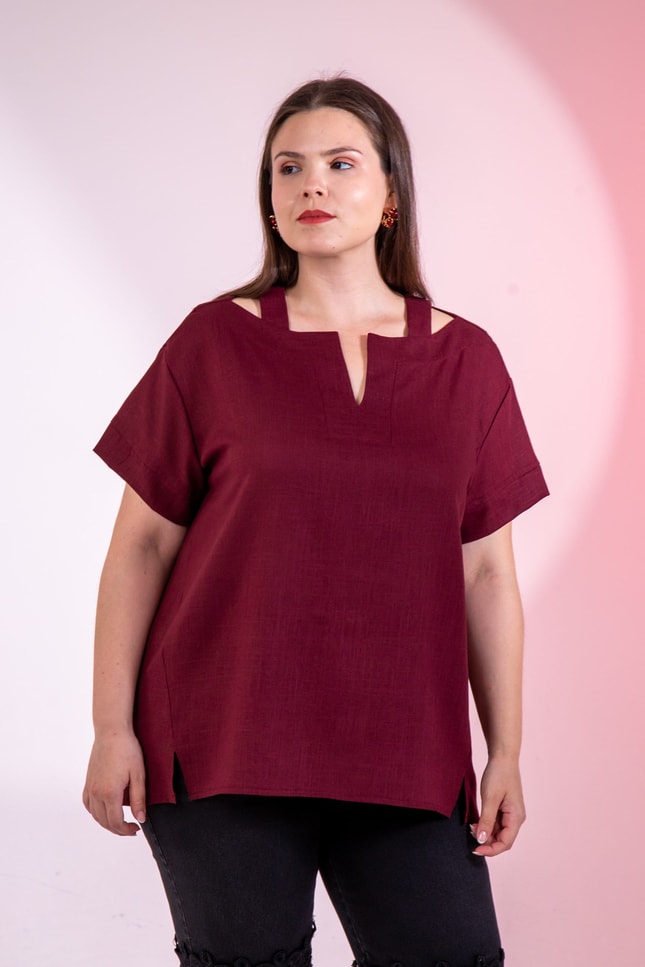 Büyük Beden 3331109 Yaka Askı Detaylı Bluz  Bordo