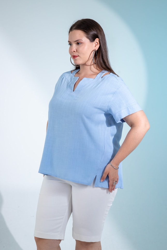 Büyük Beden 3331109 Yaka Askı Detaylı Bluz  Mavi
