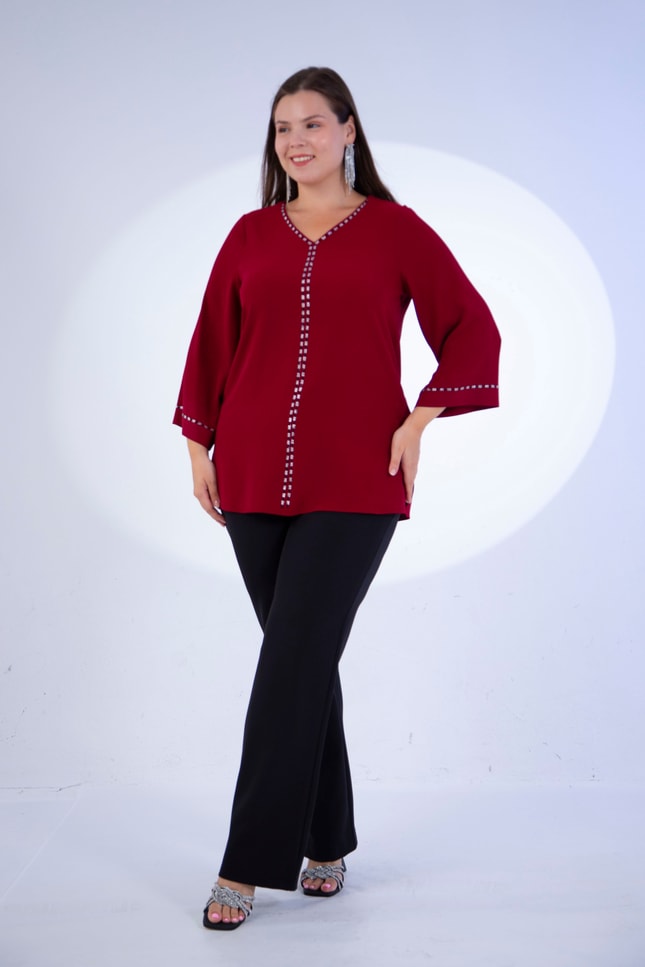 Büyük Beden 3331112 V Yaka Taş Detaylı Bluz  Bordo