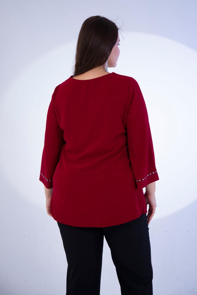 Büyük Beden 3331112 V Yaka Taş Detaylı Bluz  Bordo