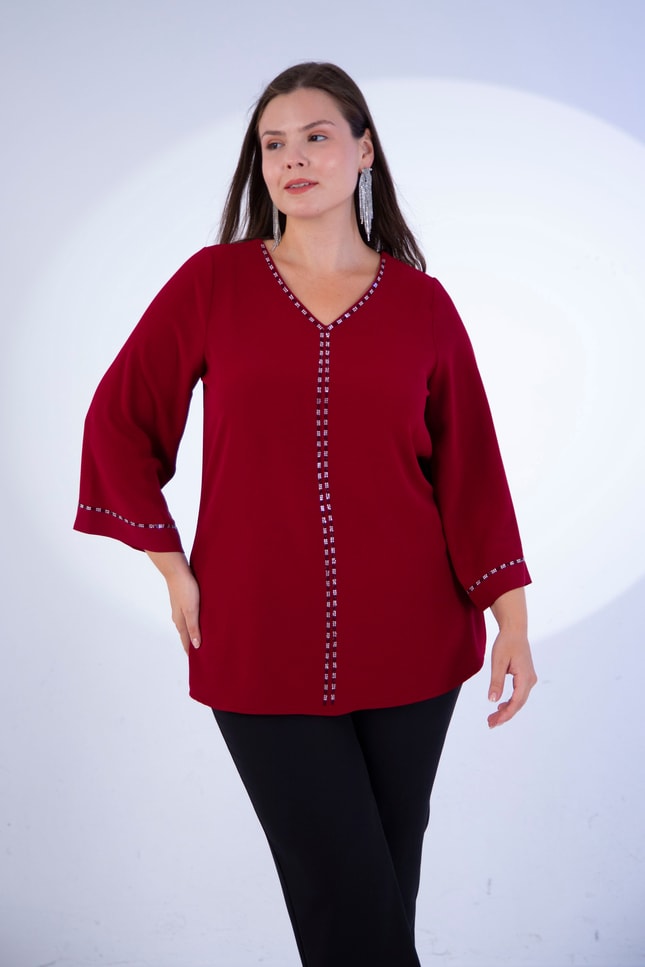 Büyük Beden 3331112 V Yaka Taş Detaylı Bluz  Bordo