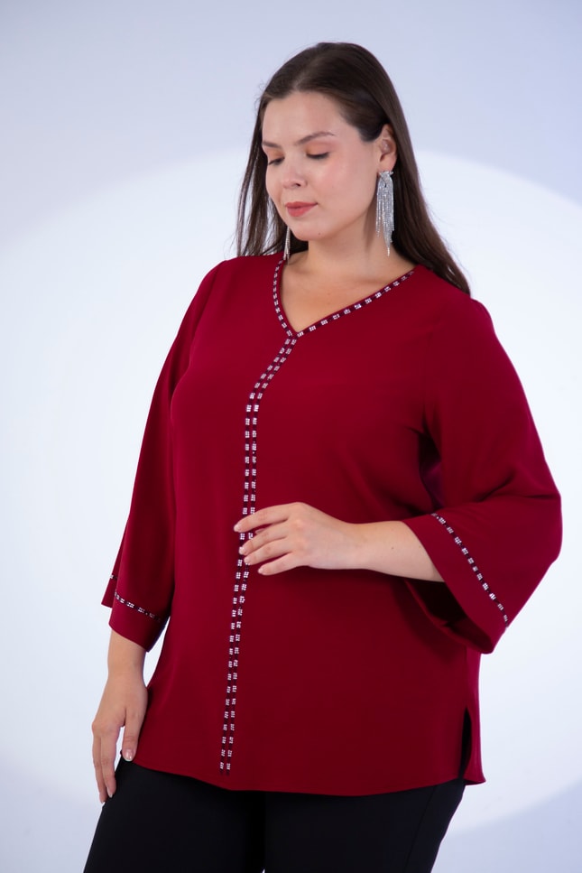 Büyük Beden 3331112 V Yaka Taş Detaylı Bluz  Bordo