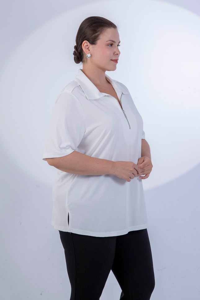 Büyük Beden 3331127 Fermuar Detaylı Bluz Beyaz