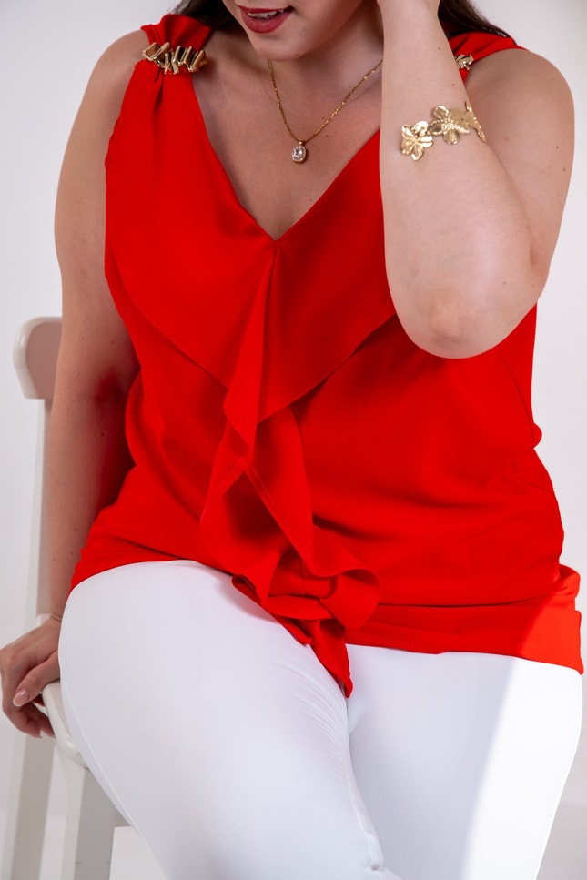 Büyük Beden 3331137 Omuzu Tokalı Bluz  Kırmızı
