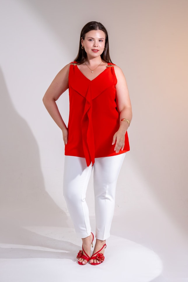 Büyük Beden 3331137 Omuzu Tokalı Bluz  Kırmızı