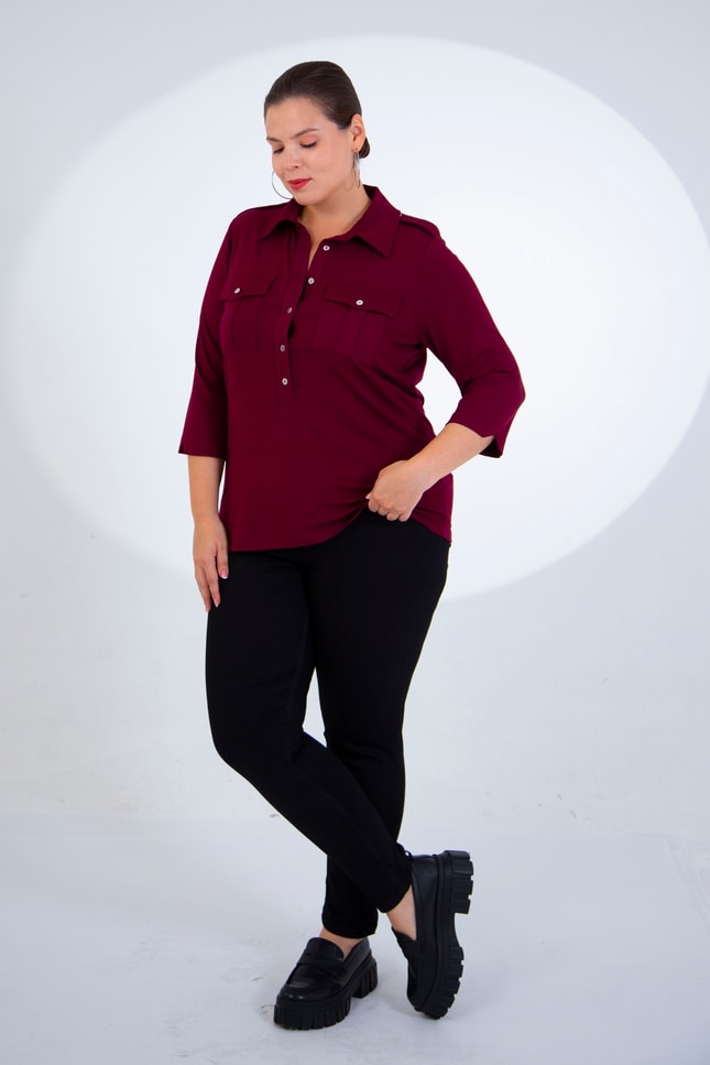 Büyük Beden 3331257 Apoletli Cepli Bluz Bordo
