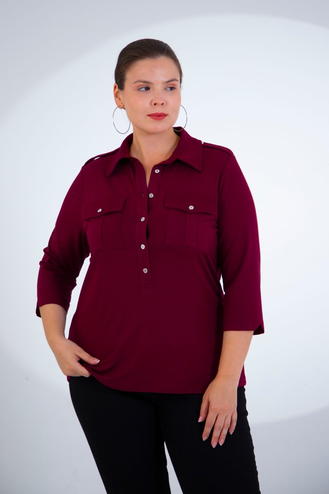 Büyük Beden 3331257 Apoletli Cepli Bluz Bordo