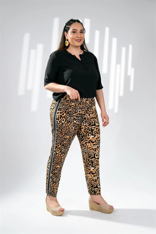 Büyük Beden 333165 Leopar Desenli Pantolon  Kahverengi