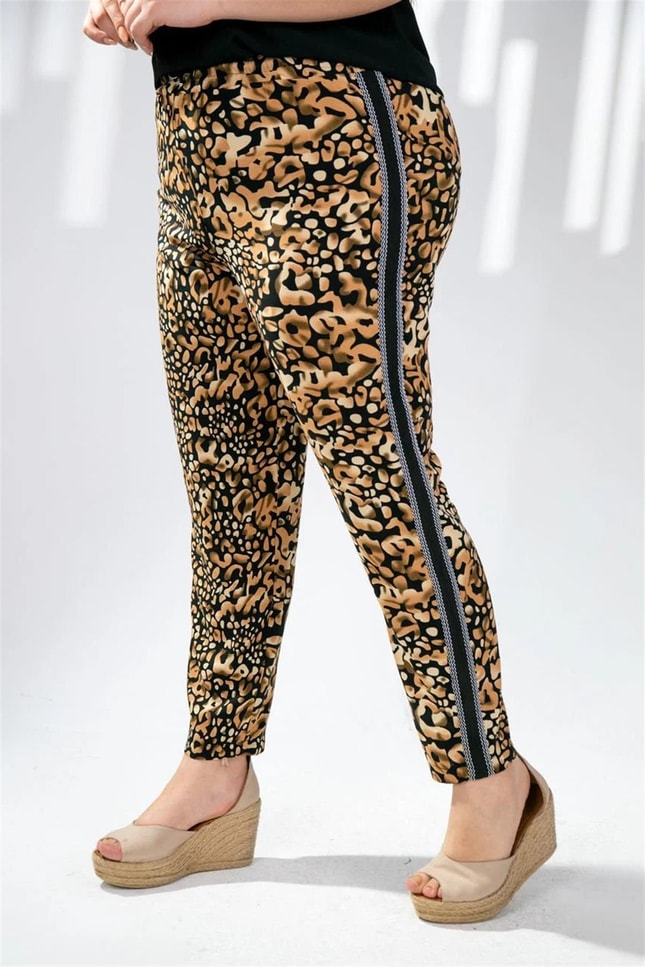 Büyük Beden 333165 Leopar Desenli Pantolon  Kahverengi