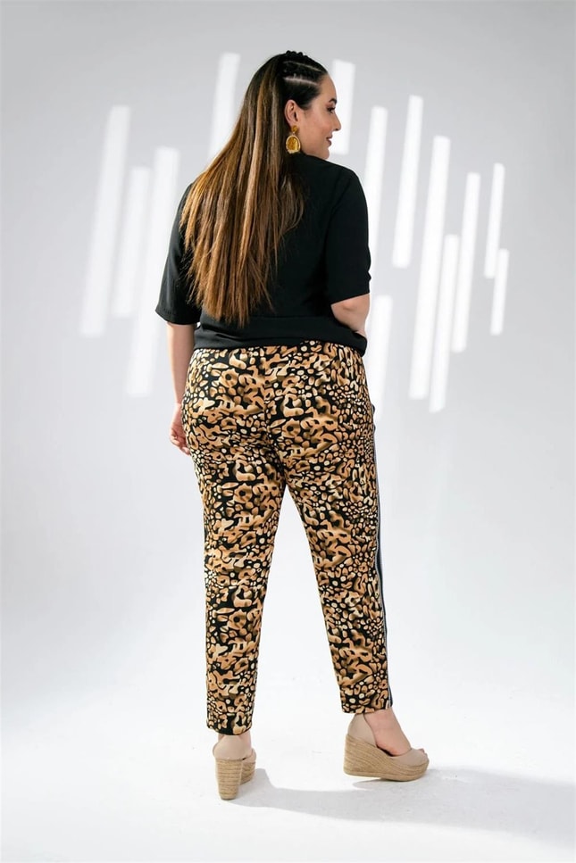 Büyük Beden 333165 Leopar Desenli Pantolon  Kahverengi