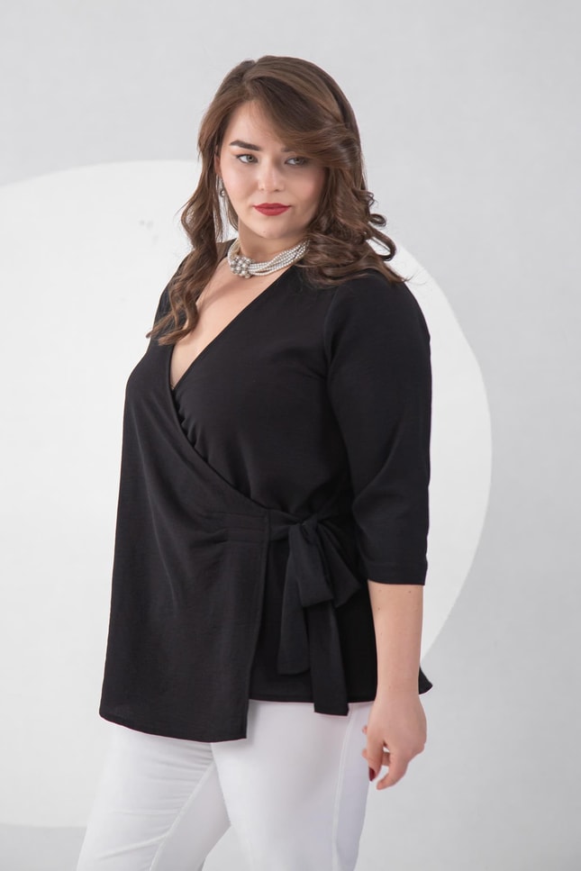 Büyük Beden 3333765  Bel Bağlamalı Bluz  Siyah