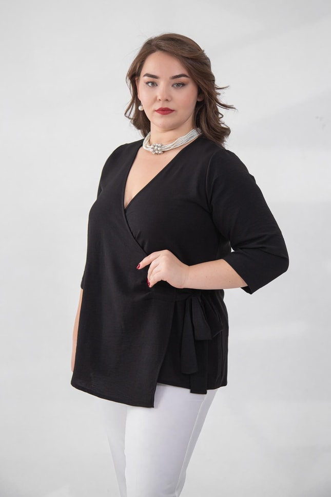 Büyük Beden 3333765  Bel Bağlamalı Bluz  Siyah