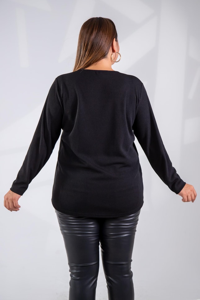 Büyük Beden 333553 Düğmeli Fitilli Triko Bluz  Siyah