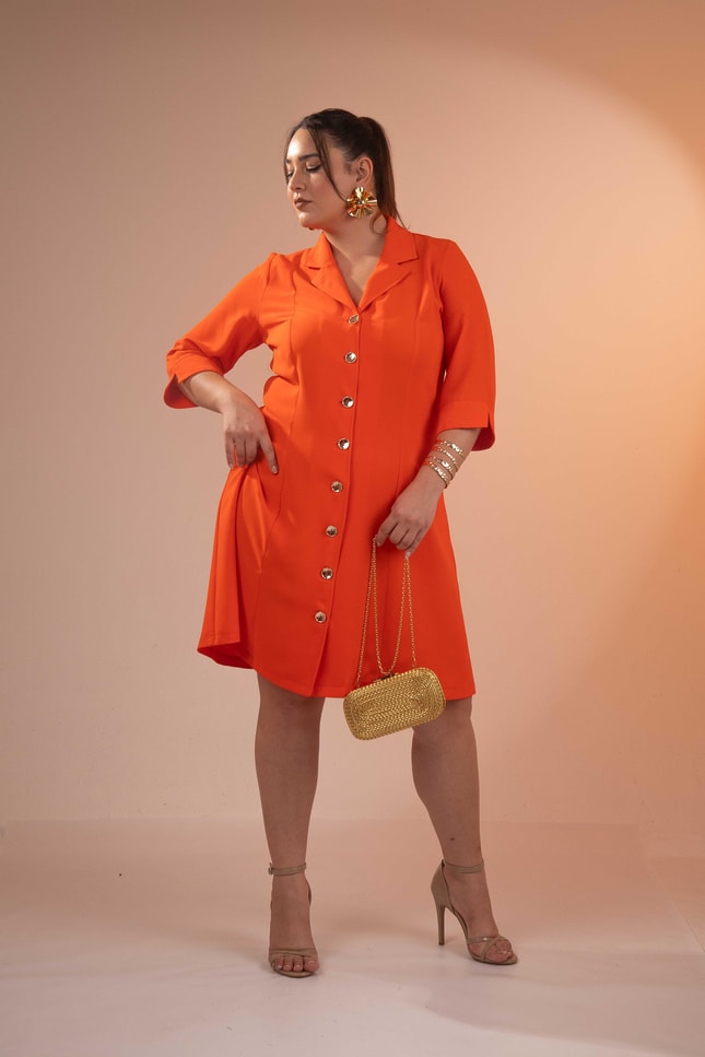 Büyük Beden 33371 Önü Düğmeli Gömlek Elbise Turuncu