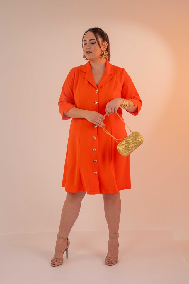 Büyük Beden 33371 Önü Düğmeli Gömlek Elbise Turuncu