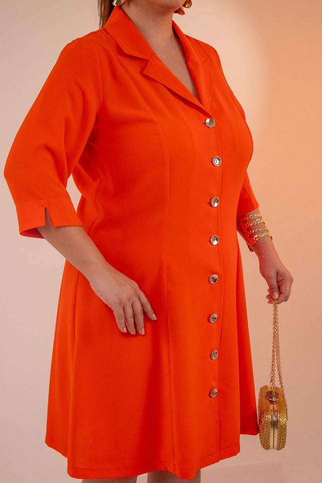 Büyük Beden 33371 Önü Düğmeli Gömlek Elbise Turuncu