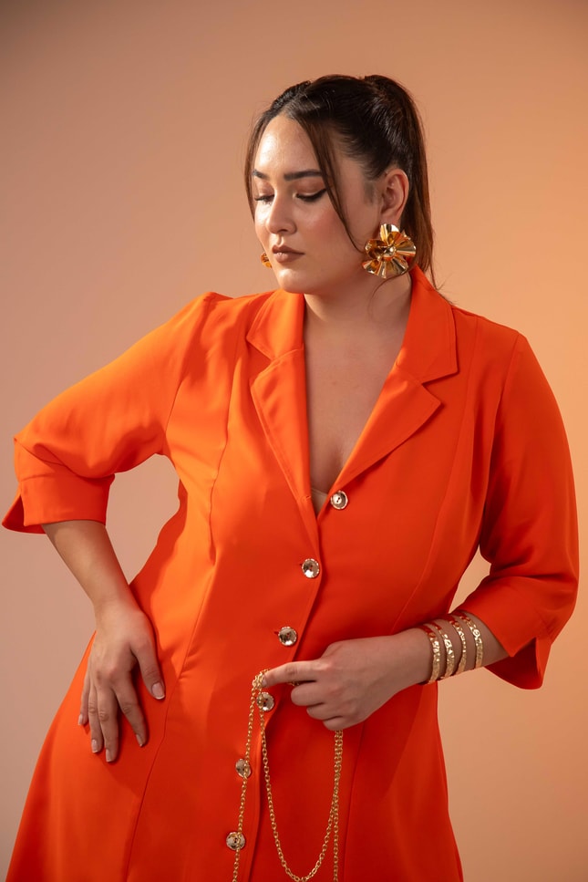 Büyük Beden 33371 Önü Düğmeli Gömlek Elbise Turuncu