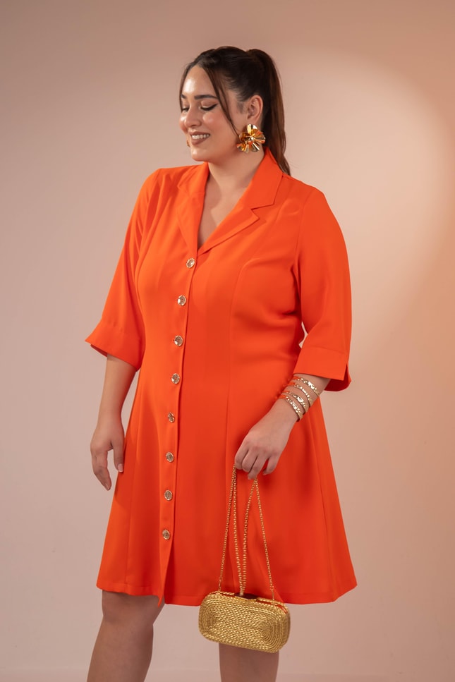 Büyük Beden 33371 Önü Düğmeli Gömlek Elbise Turuncu