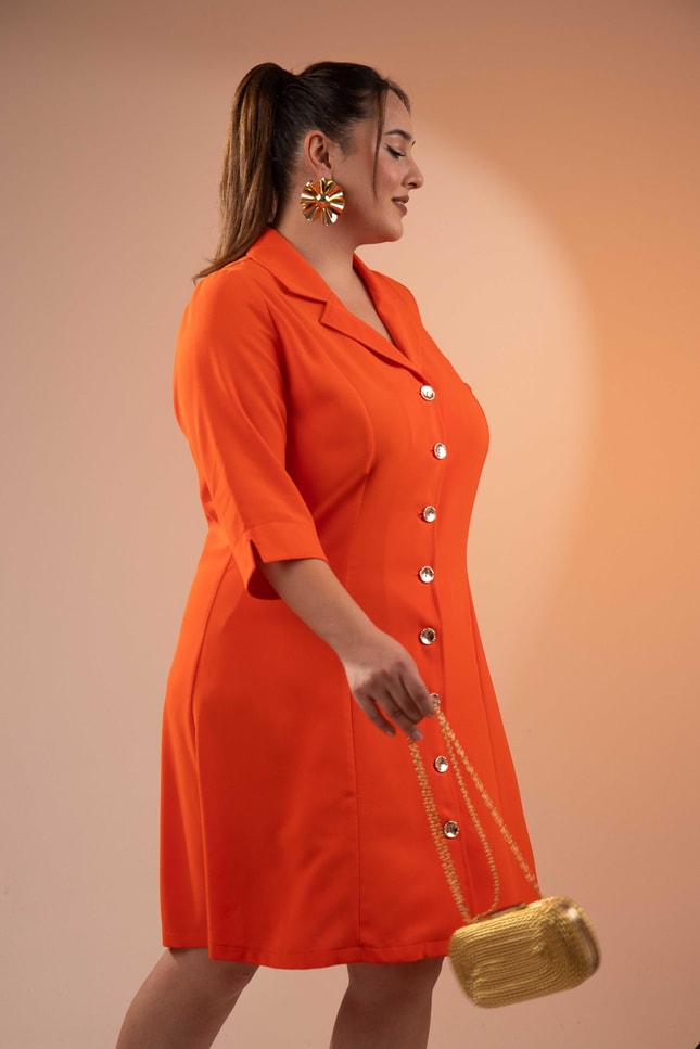Büyük Beden 33371 Önü Düğmeli Gömlek Elbise Turuncu