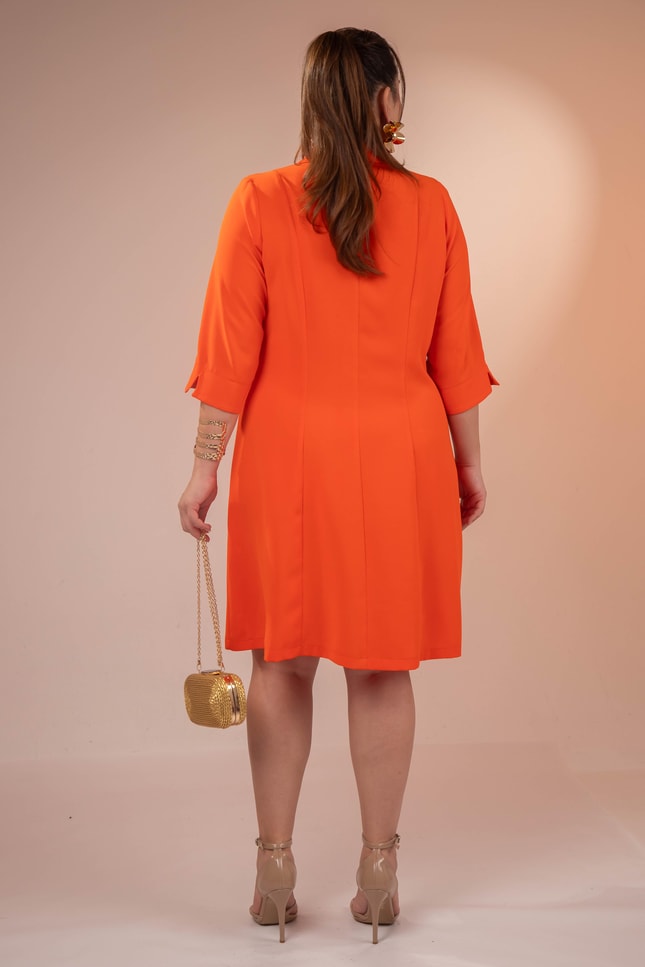 Büyük Beden 33371 Önü Düğmeli Gömlek Elbise Turuncu