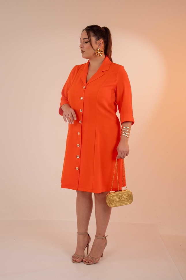 Büyük Beden 33371 Önü Düğmeli Gömlek Elbise Turuncu