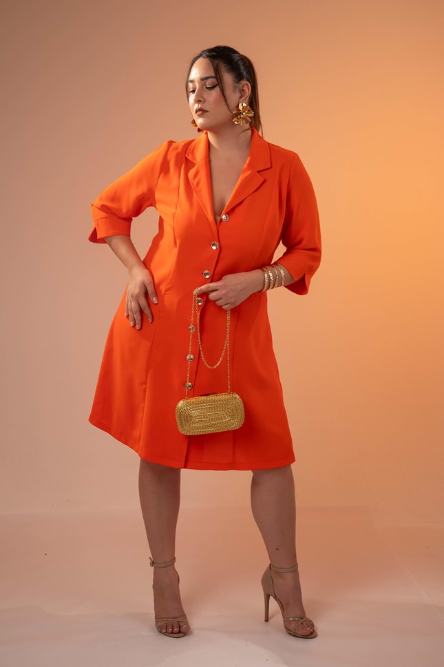 Büyük Beden 33371 Önü Düğmeli Gömlek Elbise Turuncu