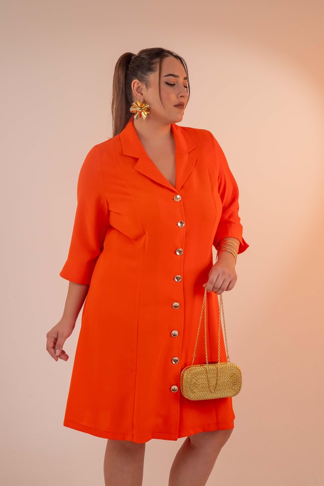 Büyük Beden 33371 Önü Düğmeli Gömlek Elbise Turuncu