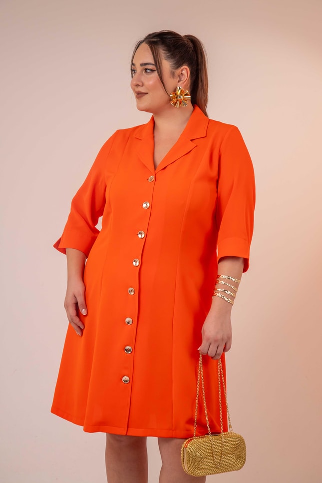 Büyük Beden 33371 Önü Düğmeli Gömlek Elbise Turuncu