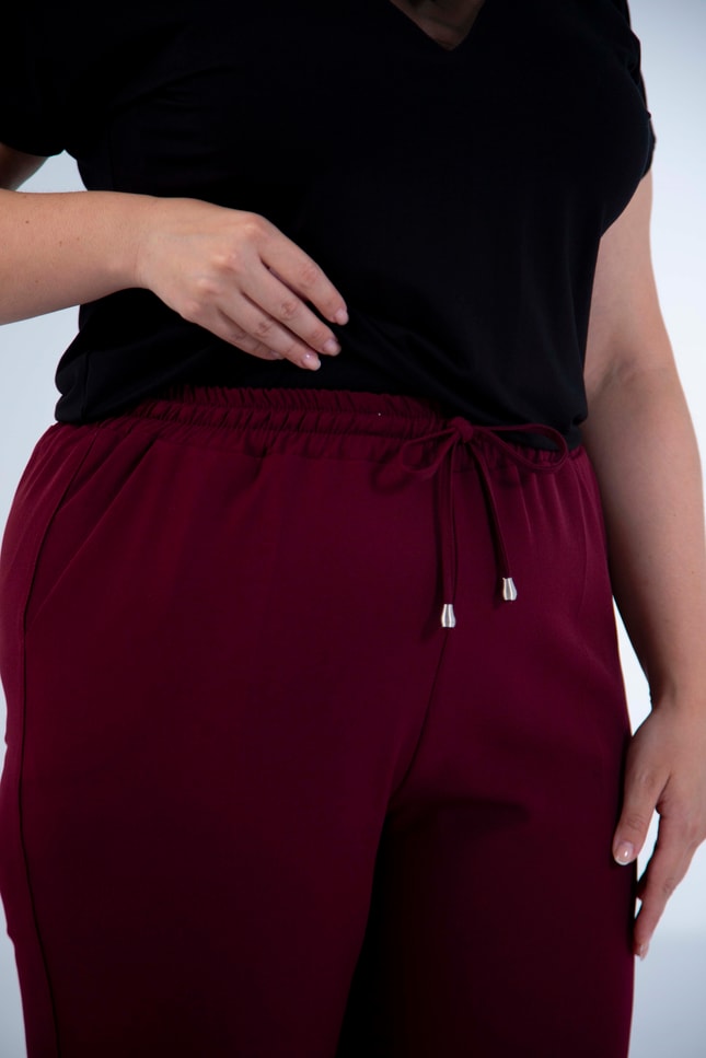 Büyük Beden 4010 Beli Bağcıklı Pantolon  Bordo