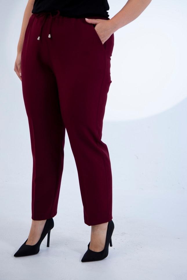 Büyük Beden 4010 Beli Bağcıklı Pantolon  Bordo