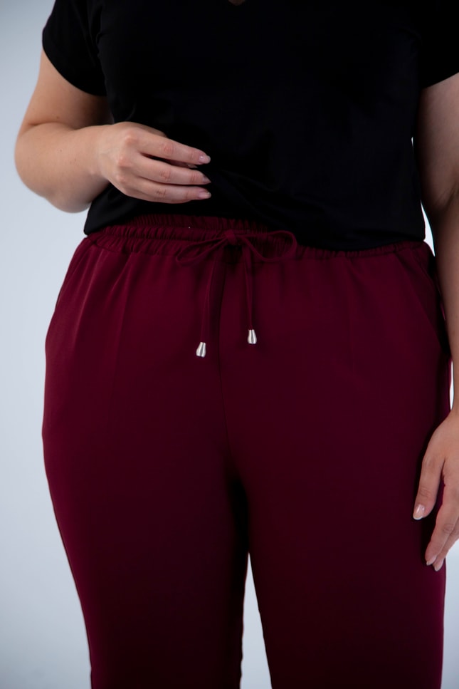 Büyük Beden 4010 Beli Bağcıklı Pantolon  Bordo