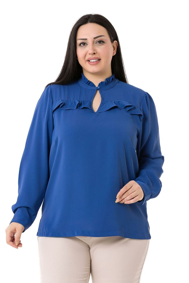 Plus Size İndigo Blouse with Frill Detail on Collar and Chest and Slits on the Side