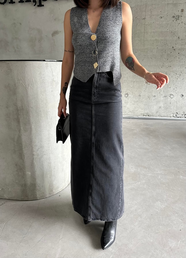 Antrasit Maxi Denim Etek