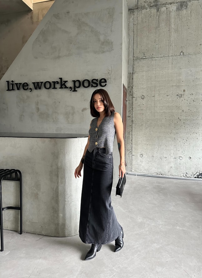 Antrasit Maxi Denim Etek