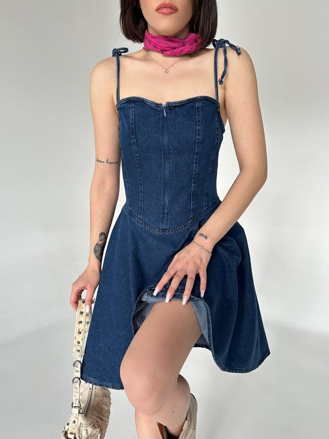Askılı Denim Elbise 